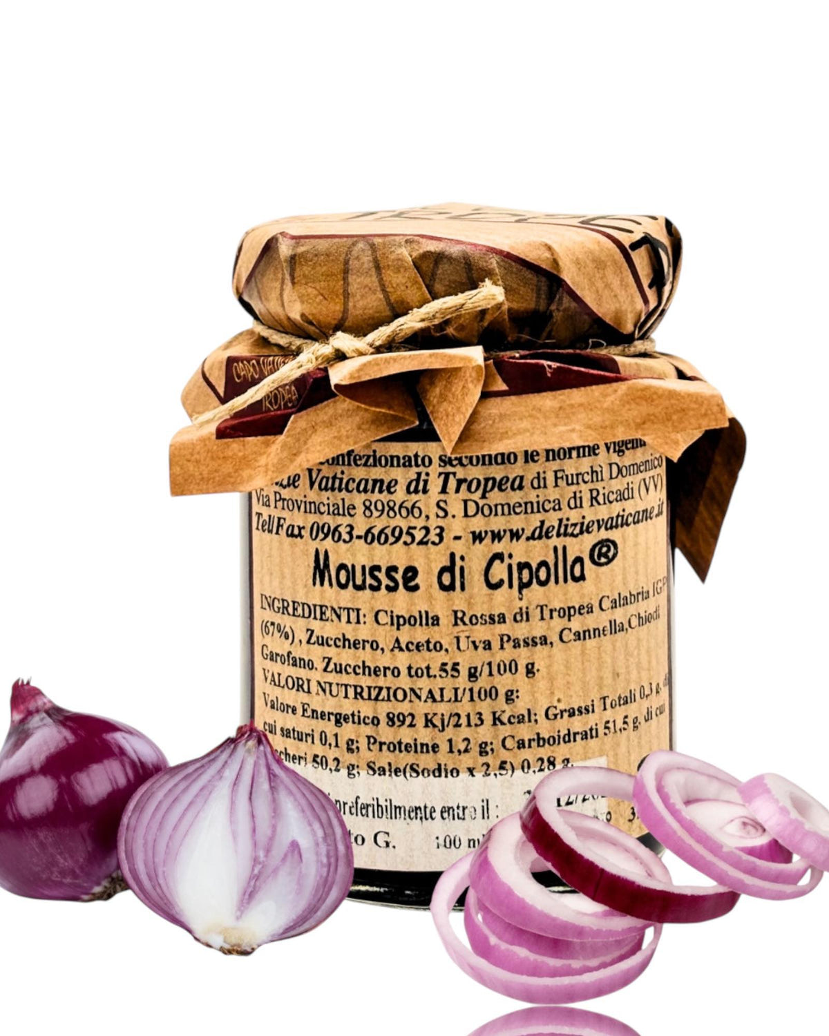Zutatenliste der Mousse di Cipolla aus Tropea – natürliche italienische Feinkost aus roten Zwiebeln, ideal als Aufstrich oder Dip