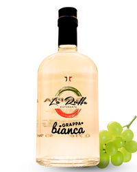 Grappa Bianca La Ruffa – Italienischer klarer Grappa mit 40% Vol. in edler Glasflasche, dekoriert mit grünen Trauben auf weißem Hintergrund