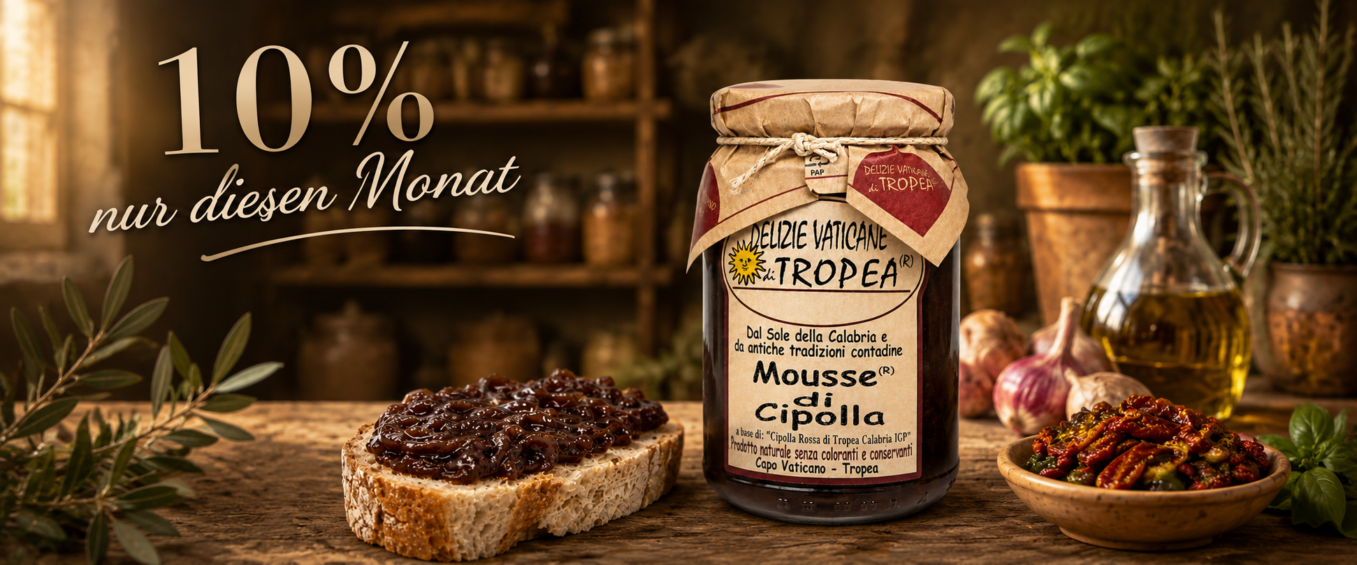 Italienische Feinkost aus Kalabrien mit Mousse di Cipolla di Tropea auf rustikalem Hintergrund – 10 % Preisvorteil nur diesen Monat.