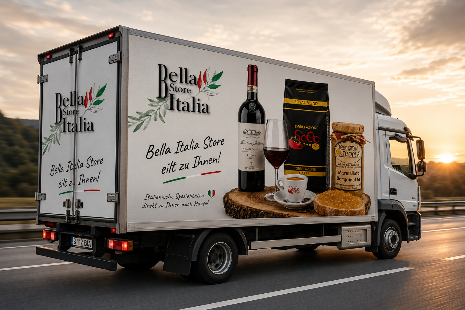 Bella Italia Store Lieferwagen mit italienischen Spezialitäten, schneller Versand nach Österreich und Deutschland, italienische Feinkost mit Wein, Kaffee und Tropea Delikatessen