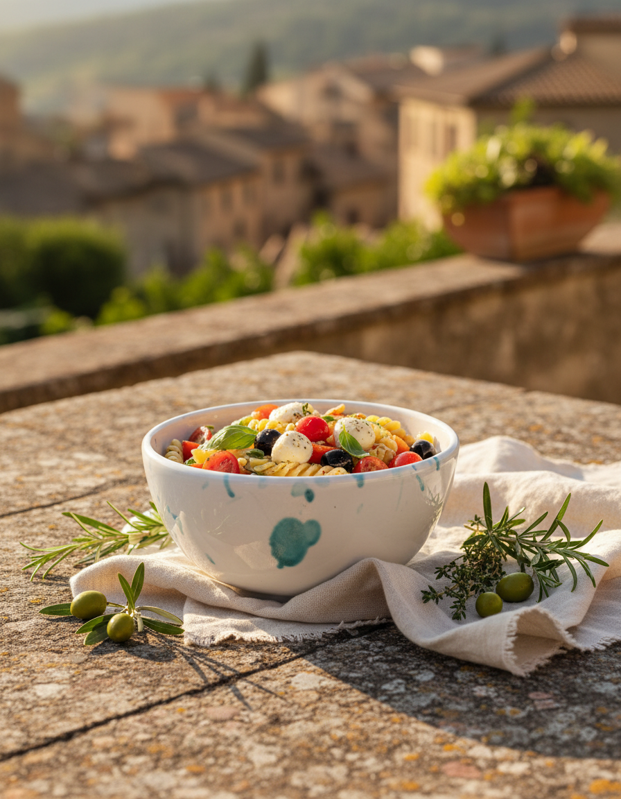 Set mediterraner Keramikschüsseln mit Pasta, Salat und Oliven auf Holztisch in heller Küche – Servierschalen Bella Italia Store