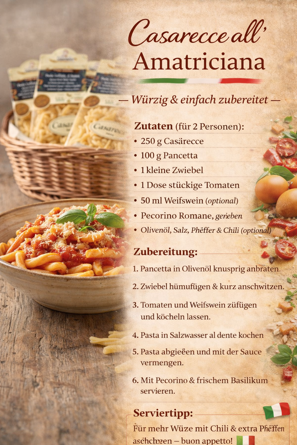 Italienische Casarecce Pasta all’Amatriciana Rezept – Casarecce mit Tomatensauce, Pancetta und Pecorino, traditionelles italienisches Pastagericht