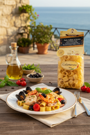 Colacchio Calamarata Pasta auf mediterraner Terrasse mit Teller Meeresfrüchte Pasta, Olivenöl, Tomaten und Meerblick, italienische Premium Pasta Präsentation