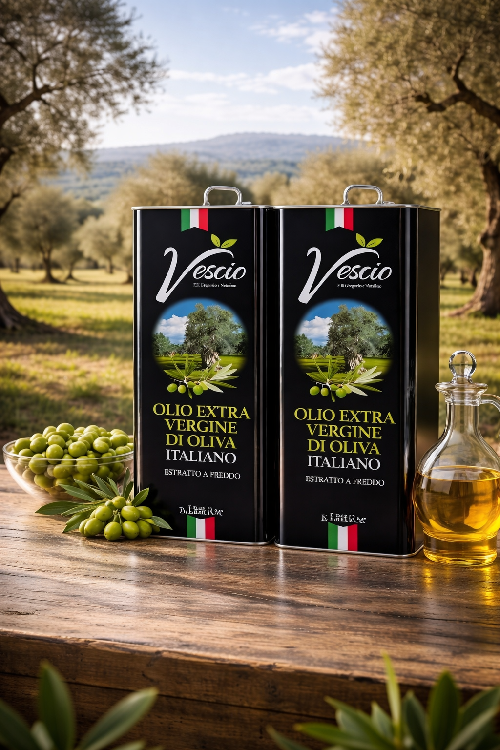 Premium Olio Extra Vergine di Oliva aus Italien mit Oliven und Ölflasche in natürlicher Landschaft
