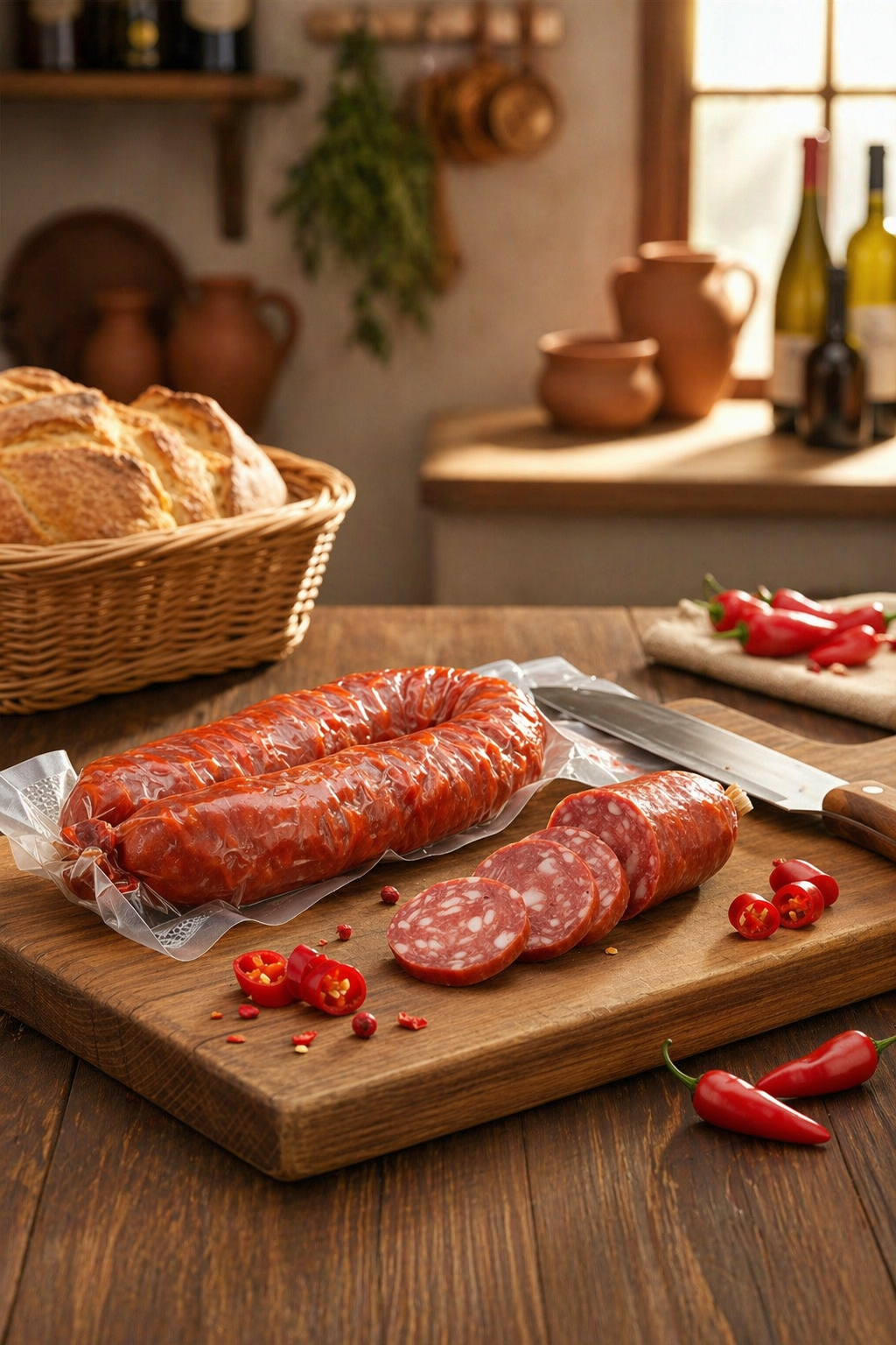 Italienische scharfe Salami mit Chili auf Holzbrett geschnitten, rustikale Küche mit Brot und Gewürzen, traditionelle italienische Feinkost