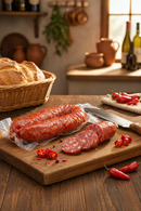Italienische scharfe Salami mit Chili auf Holzbrett geschnitten, rustikale Küche mit Brot und Gewürzen, traditionelle italienische Feinkost