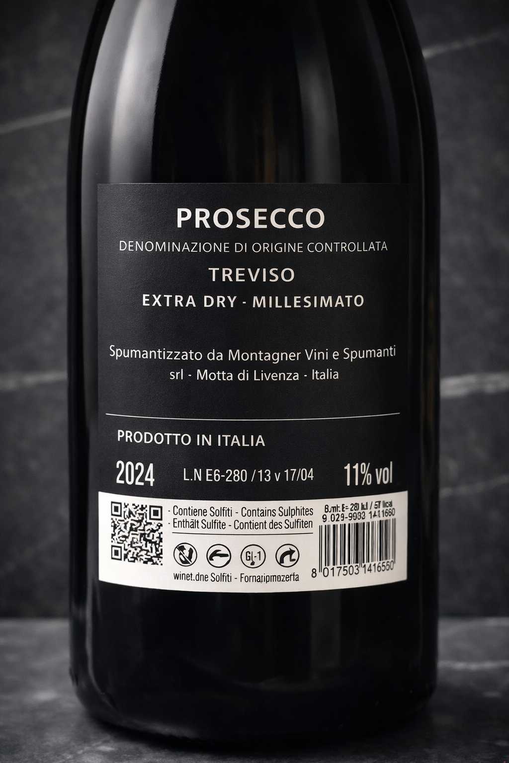 Prosecco DOC Treviso Extra Dry 2024 Montagner Rücketikett mit Produktinformationen, 11% vol, 750 ml, italienischer Schaumwein aus Venetien
