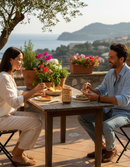 Italienische Feigenmarmelade Delizie Vaticane Tropea auf Terrasse serviert, Paar genießt Brot mit Marmelade und Meerblick in mediterraner Atmosphäre