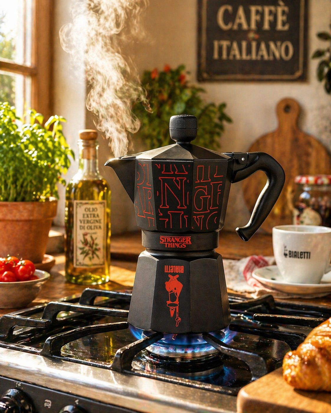     Bialetti Moka Express auf Herd mit frischem Espresso Zubereitung