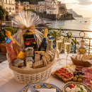 Premium Feinkostkorb mit italienischem Prosecco, Kaffee, Antipasti und mediterranen Delikatessen an der Amalfiküste