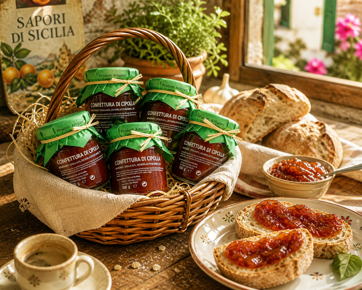 Zwiebelmarmelade aus Sizilien im Korb mit Brot – italienische Feinkost Präsentation