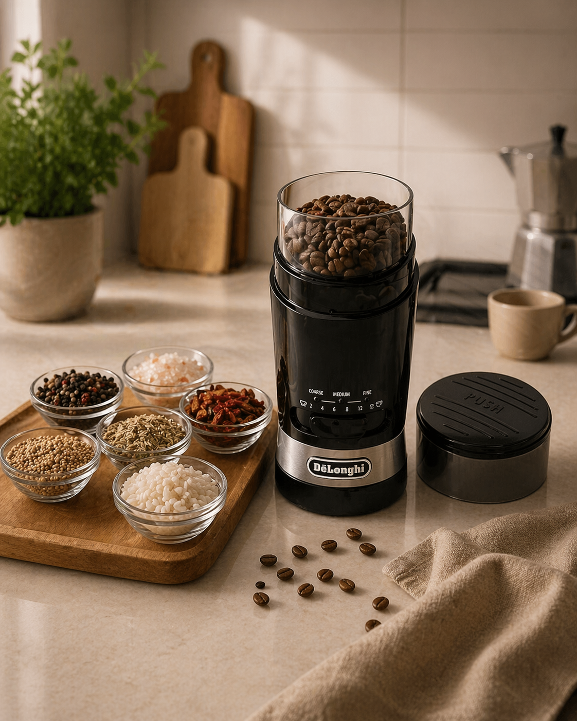     DeLonghi Kaffeemühle mit Kaffeebohnen und Gewürzen in moderner Küche