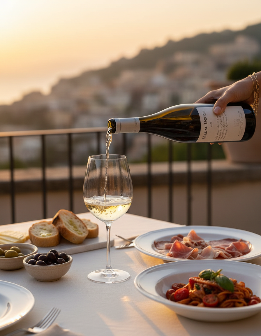 Madre Goccia Weißwein Tenuta Iuzzolini aus Kalabrien wird bei mediterranem Dinner auf Terrasse serviert – italienischer Weißwein für besondere Genussmomente