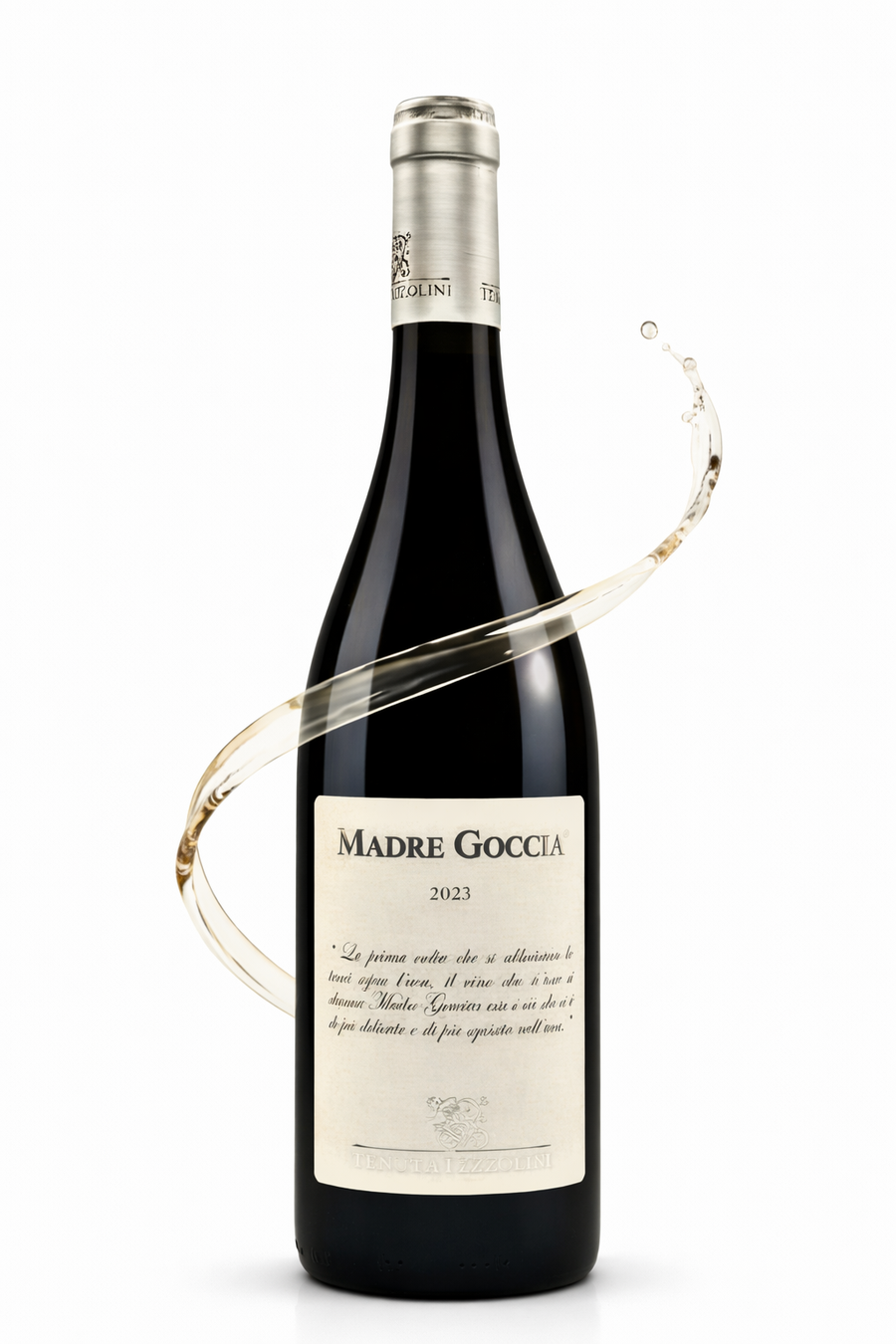 Madre Goccia 2025 Tenuta Iuzzolini Weißwein aus Kalabrien – eleganter italienischer Qualitätswein mit Weinsplash auf weißem Hintergrund