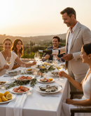 Madre Goccia Weißwein 2023 von Tenuta Iuzzolini wird bei einem eleganten Abendessen im Freien serviert – mediterrane Tafel mit Meeresfrüchten, Zitronen und stilvoller Atmosphäre bei Sonnenuntergang.