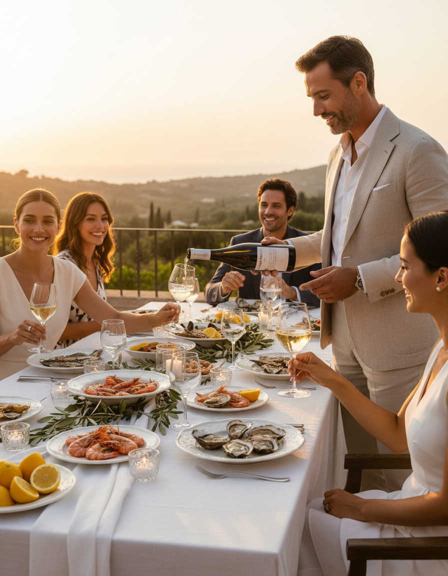 Madre Goccia Weißwein 2023 von Tenuta Iuzzolini wird bei einem eleganten Abendessen im Freien serviert – mediterrane Tafel mit Meeresfrüchten, Zitronen und stilvoller Atmosphäre bei Sonnenuntergang.