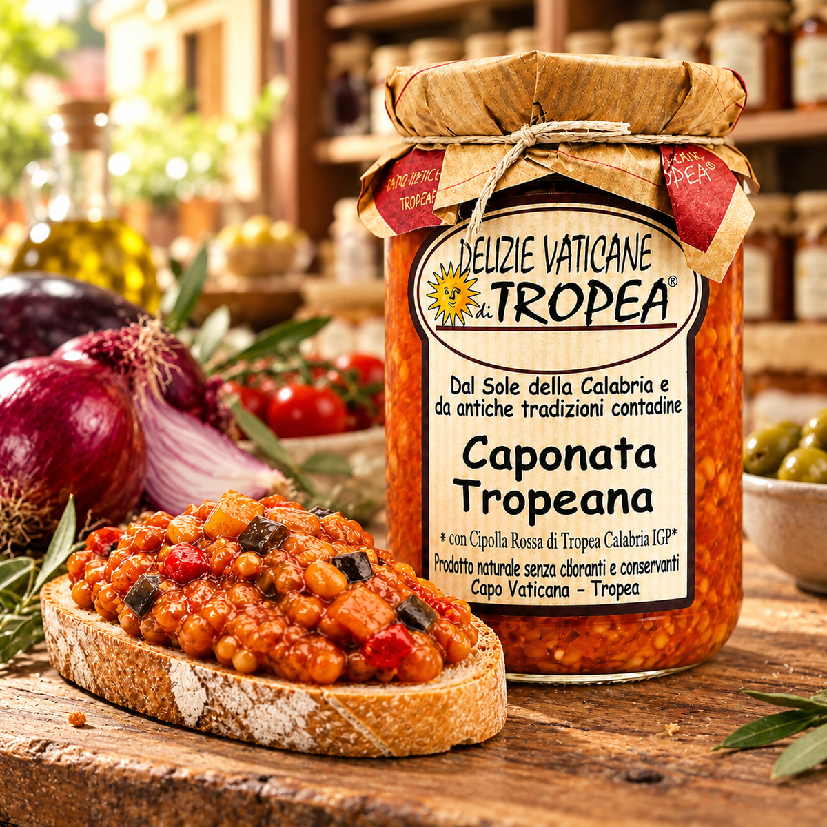 Caponata mit roten Zwiebeln von Tropea – Präsentation im italienischen Feinkostladen