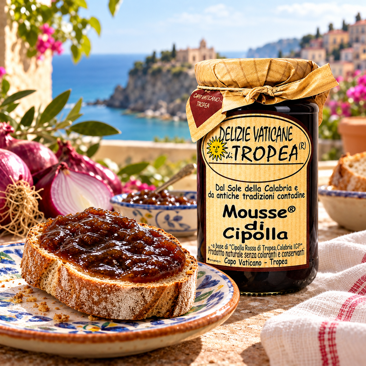 Zwiebelmousse aus Tropea IGP – Serviervorschlag auf einer italienischen Terrasse