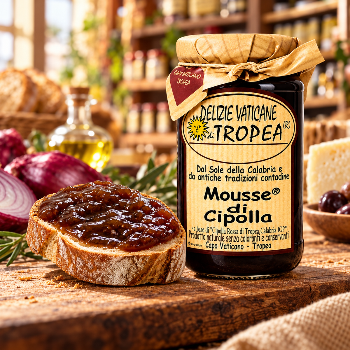 Zwiebelmousse aus Tropea IGP – Präsentation im italienischen Feinkostladen