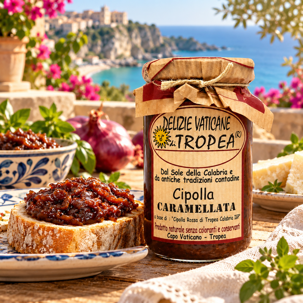 karamellisierte Zwiebeln aus Tropea – Serviervorschlag auf italienischer Terrasse