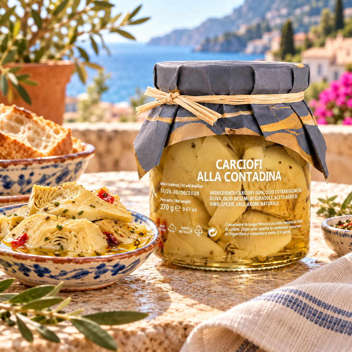 Artischocken in Olivenöl aus Italien – Serviervorschlag auf einer italienischen Terrasse