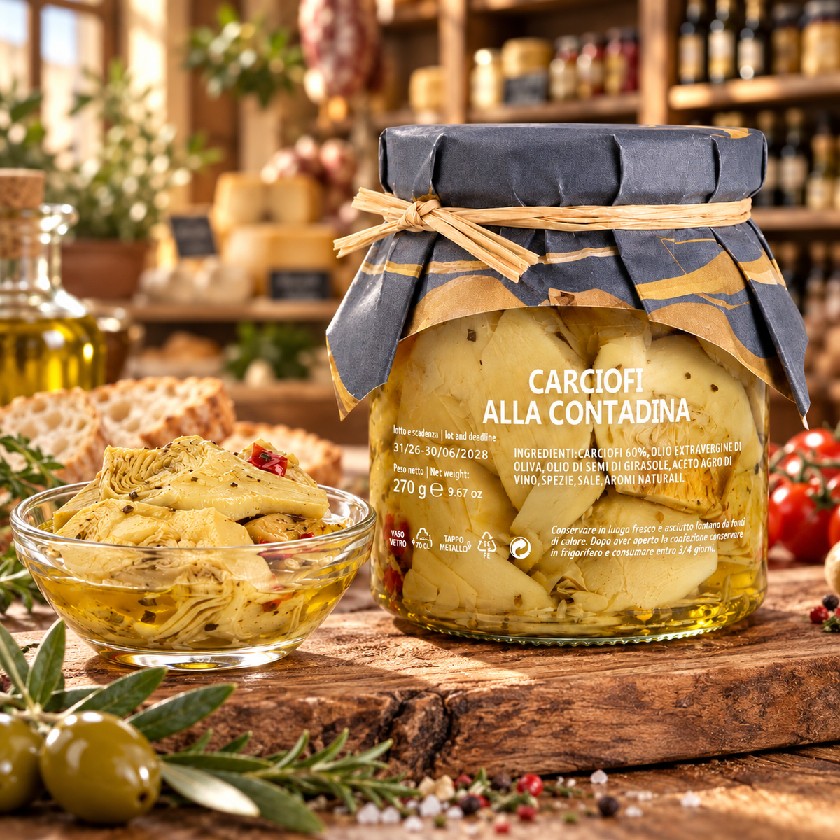 Artischocken in Olivenöl aus Italien – Präsentation im italienischen Feinkostladen