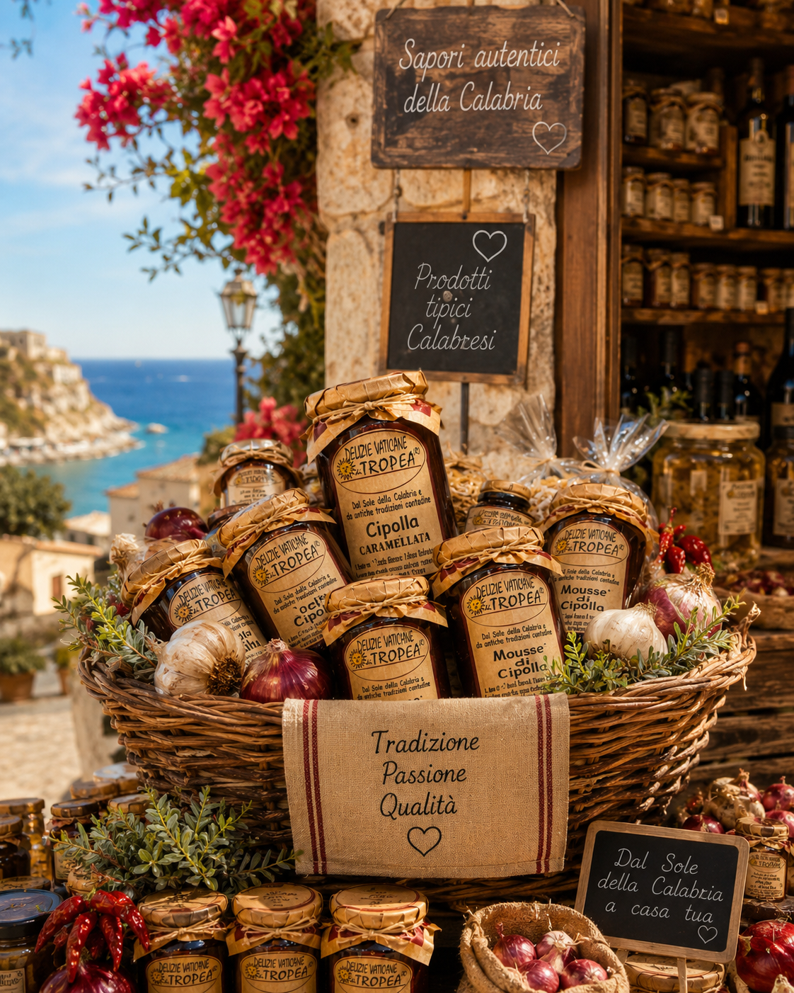 Kalabrische Spezialitäten aus Tropea 🇮🇹 Rustikaler Präsentkorb mit handgemachter Zwiebelmarmelade, mediterranen Delikatessen und authentischem italienischem Genuss mit Meerblick aus Kalabrien.