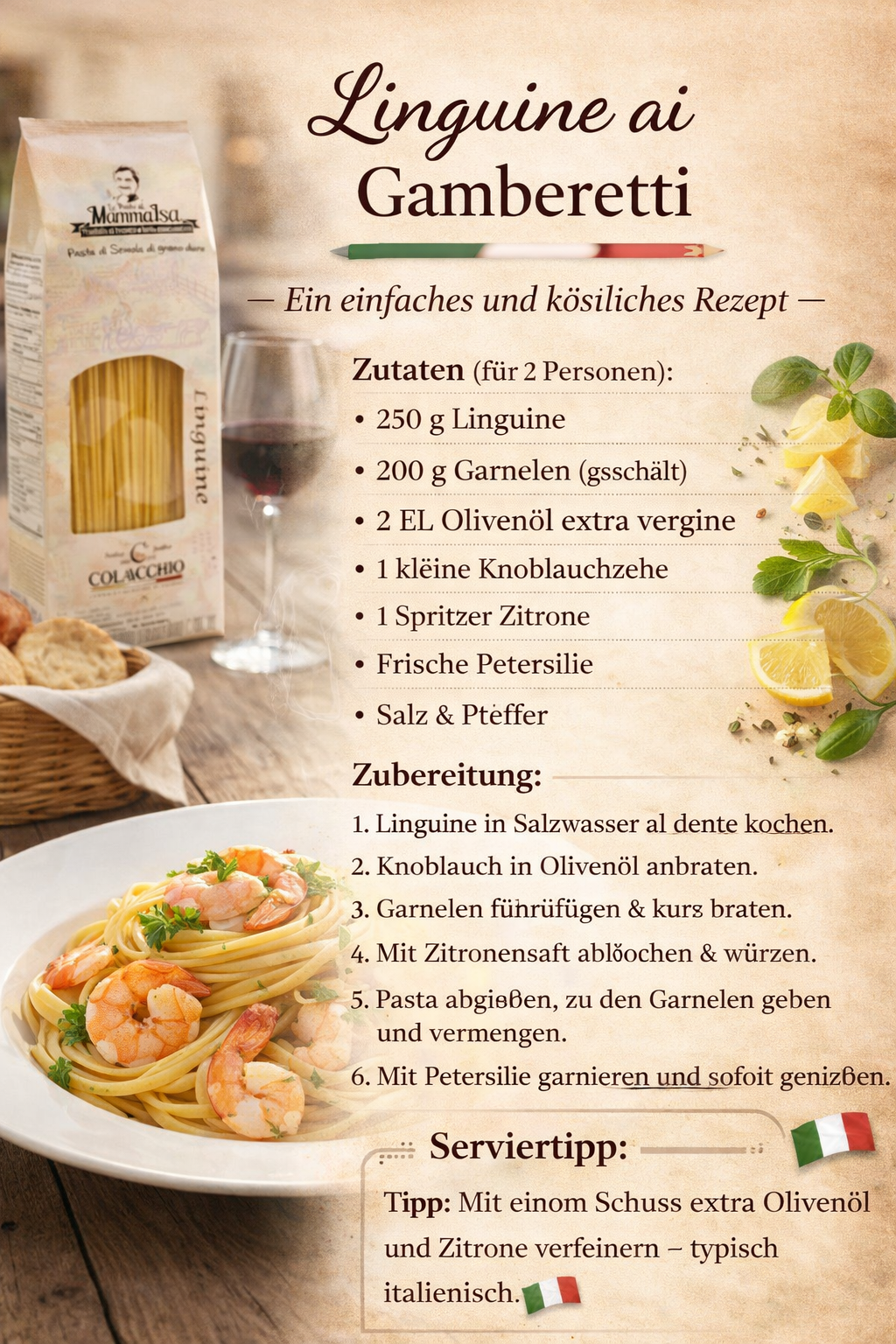 Italienische Linguine mit Garnelen Rezept – Linguine Pasta Colacchio mit Garnelen, Zitrone und Olivenöl, serviert auf Teller, italienische Küche Inspirati