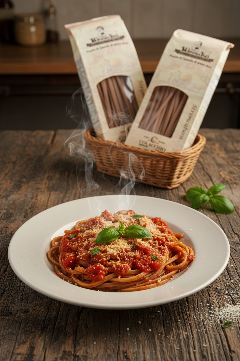 Vollkorn Spaghetti Bolognese mit Tomatensauce und Basilikum auf Teller, italienische Pasta serviert mit Colacchio Vollkorn-Spaghetti im Hintergrund
