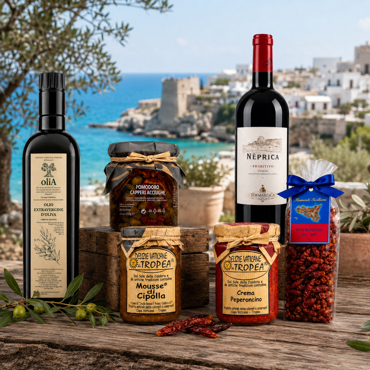 Das Essenza Paket mit Olio Extravergine, Neprica Primitivo Wein und Delizie Vaticane Spezialitäten vor italienischer Meereskulisse