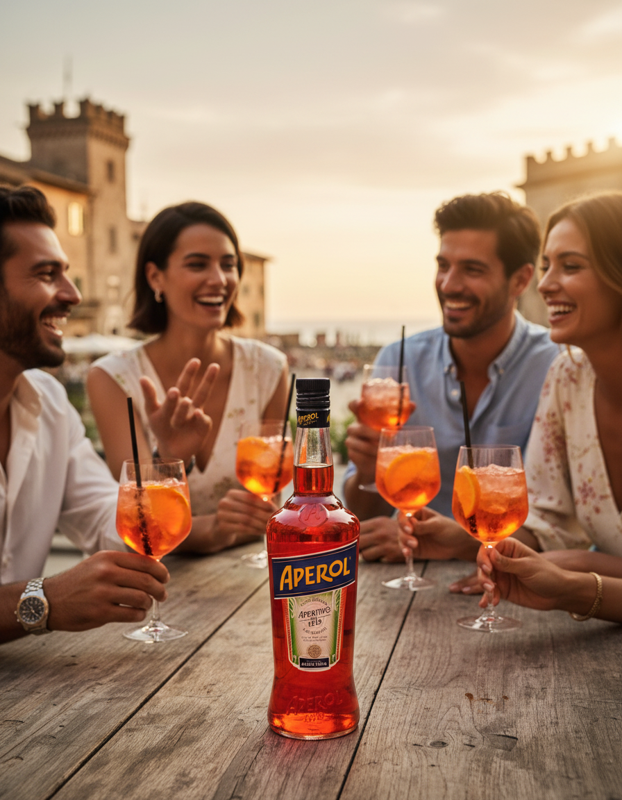 Aperol Aperitivo Flasche auf Tisch mit Freunden und Aperol Spritz Gläsern – italienischer Sommer Aperitif Moment