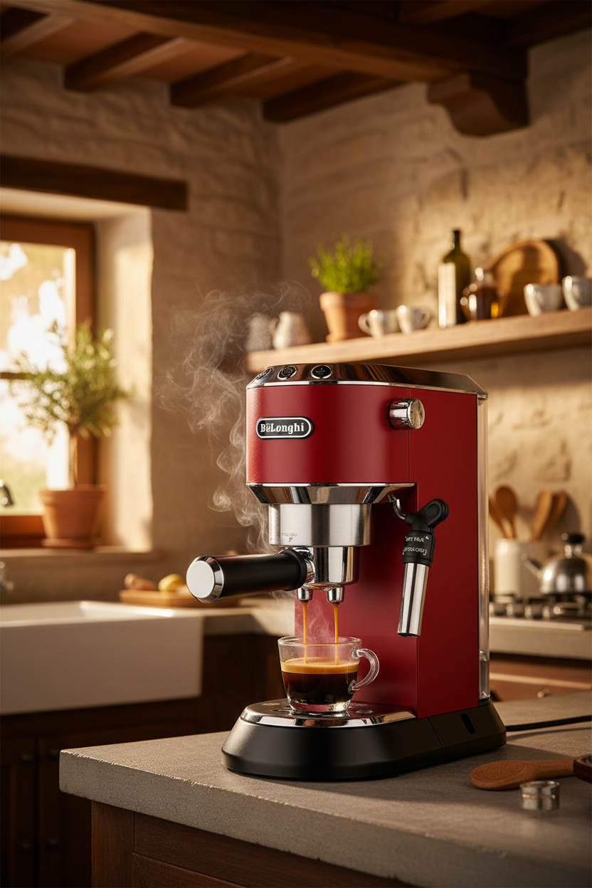     DeLonghi Dedica Espressomaschine rot in Küche stilvoll modern Kaffeezubereitung