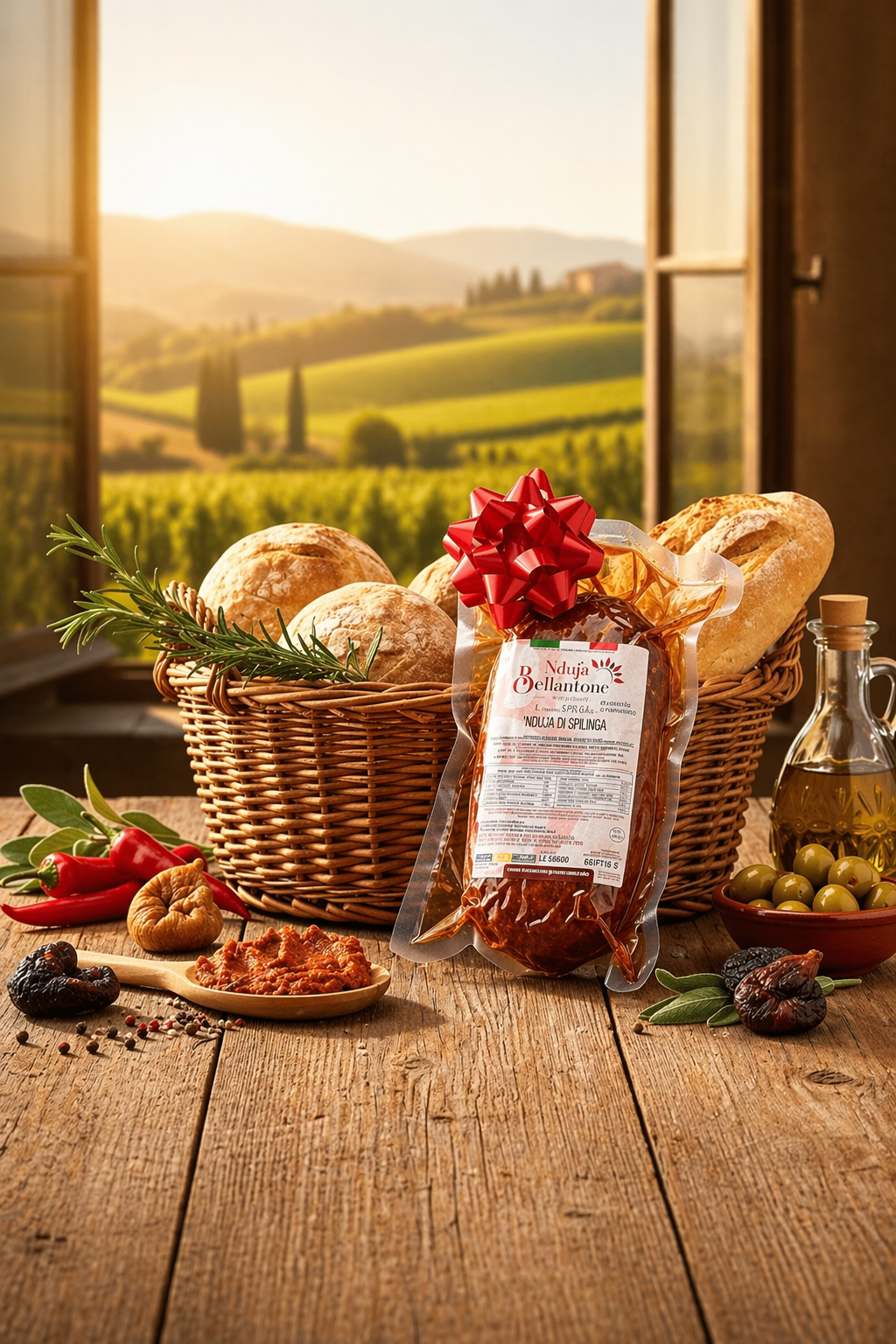 Nduja Bellantone aus Spilinga verpackt auf rustikalem Tisch mit Brot, Olivenöl und italienischer Landschaft – kalabrische Spezialität Bella Italia Store
