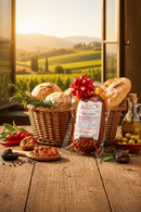 Nduja Bellantone aus Spilinga verpackt auf rustikalem Tisch mit Brot, Olivenöl und italienischer Landschaft – kalabrische Spezialität Bella Italia Store