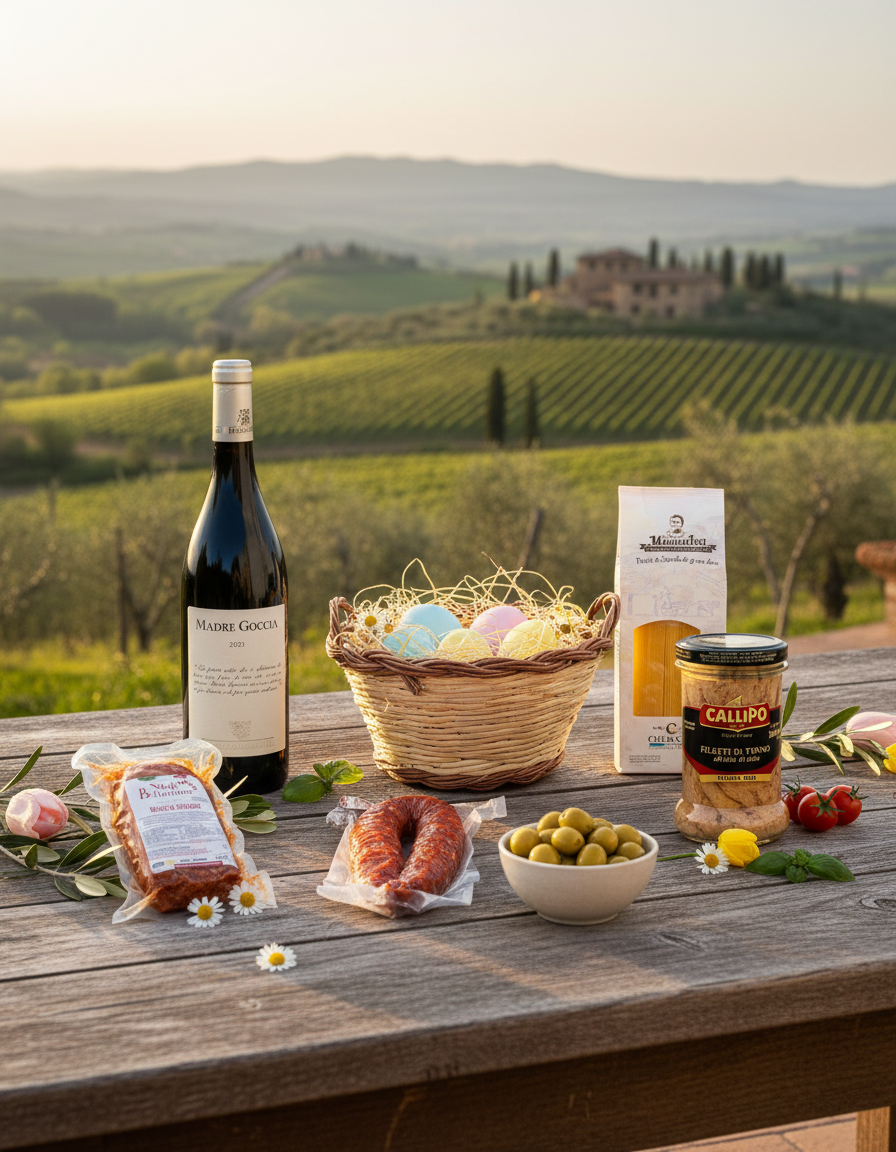 Italienischer Osterkorb mit italienischem Weißwein, kalabrischer Salami, Nduja, Lasagne Pasta und Callipo Thunfisch auf einer Terrasse in der Toskana