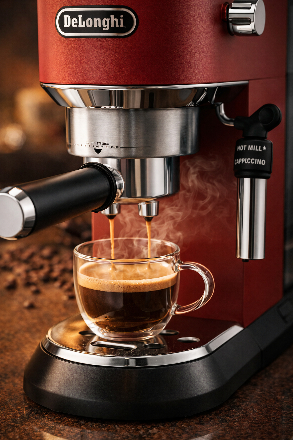     DeLonghi EC 685.R Espresso Maschine Detail mit Dampf und Kaffee Crema