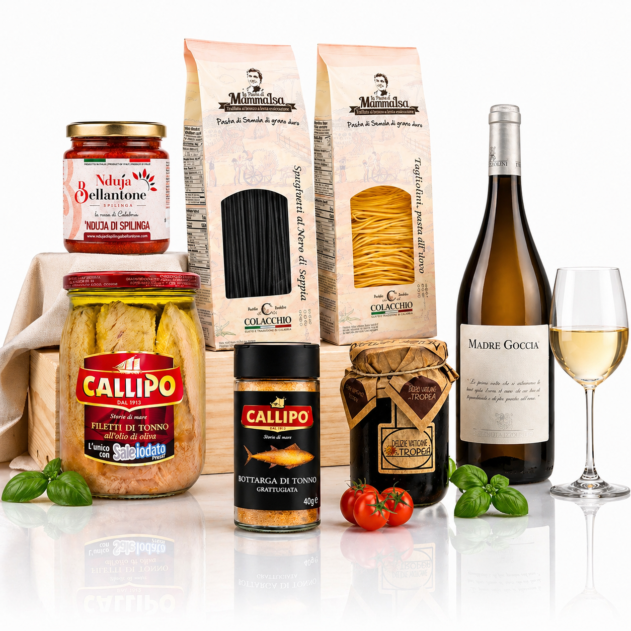 Italienisches Feinkost Paket mit Thunfisch und Pasta – Premium Delikatessen & Weißwein