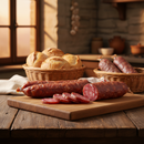 Italienische Salami Spezialitäten mit Bauernbrot in rustikaler Küche arrangiert, authentische italienische Feinkost für Genießer