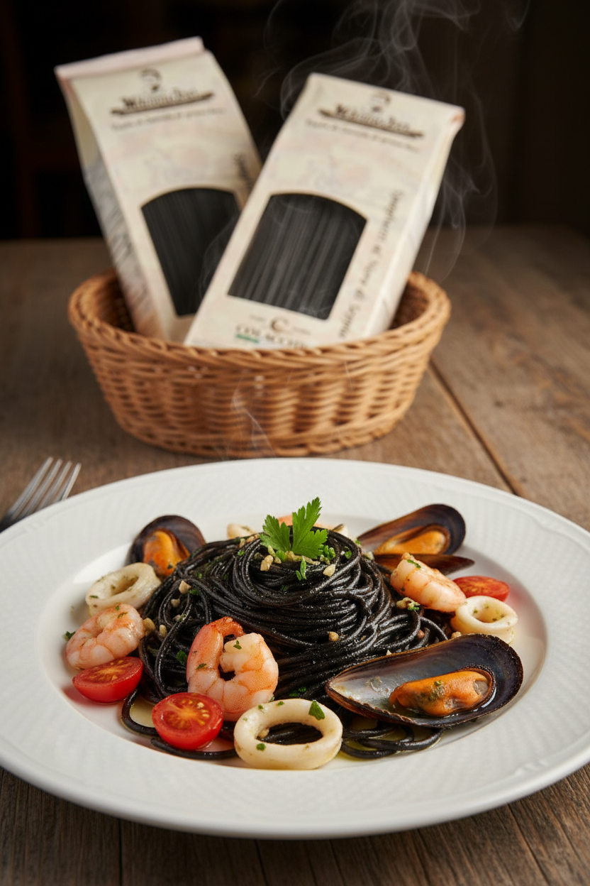 Italienische schwarze Pasta mit Meeresfrüchten serviert auf Teller, Sepia Spaghetti mit Garnelen und Muscheln, Colacchio Premium Pasta Verpackung im Hintergrund.