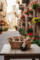 Italienische Feinkostgläser Delizie Vaticane di Tropea in Korb auf rustikalem Tisch in mediterraner Gasse, authentische italienische Spezialitäten
