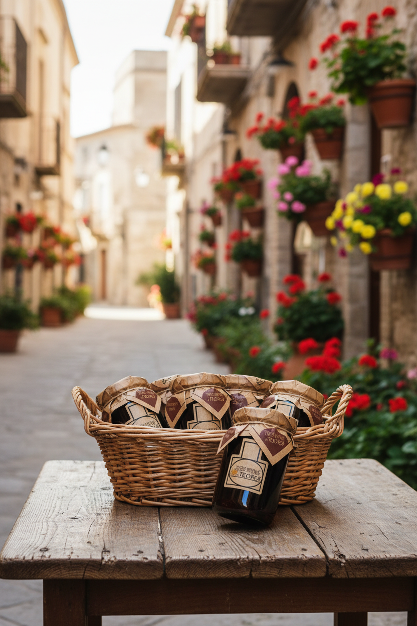 Italienische Feinkostgläser Delizie Vaticane di Tropea in Korb auf rustikalem Tisch in mediterraner Gasse, authentische italienische Spezialitäten