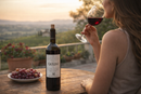 Artino Rotwein Tenuta Iuzzolini auf italienischer Terrasse mit Blick auf Weinberge bei Sonnenuntergang