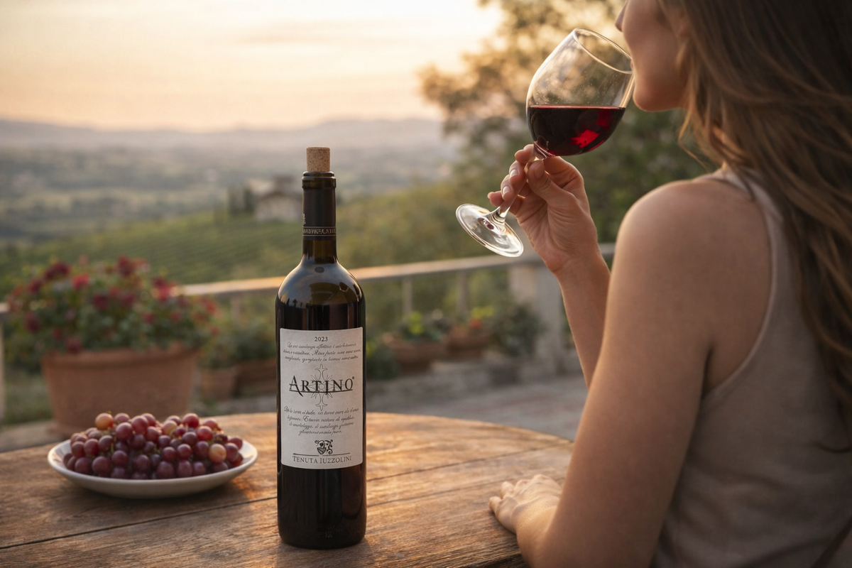Artino Rotwein Tenuta Iuzzolini auf italienischer Terrasse mit Blick auf Weinberge bei Sonnenuntergang