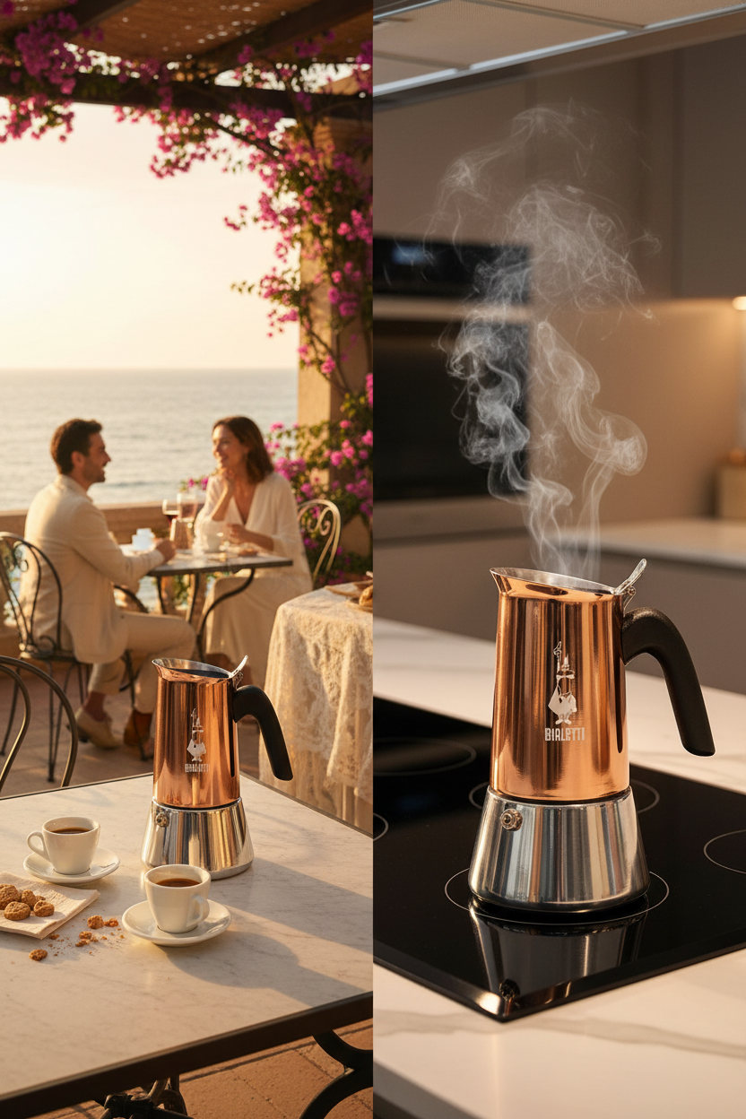 Italienischer Espresso Kocher aus Edelstahl und Aluminium

