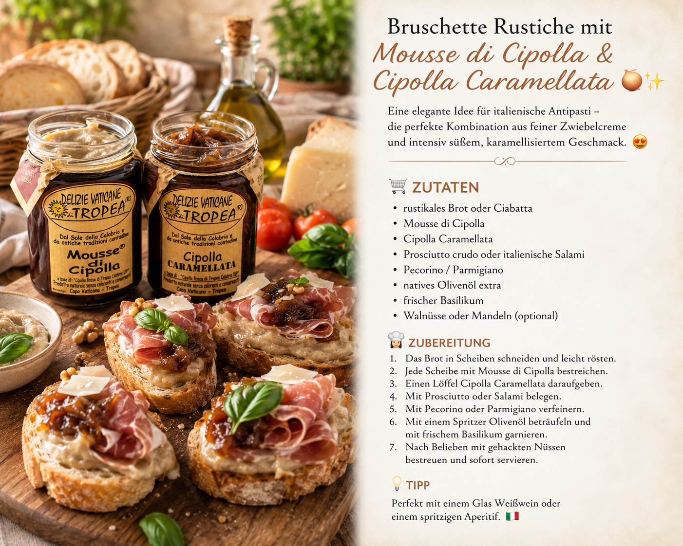     Bruschette Rustiche mit Mousse di Cipolla und Cipolla Caramellata – italienische Rezeptidee mit Antipasti, Prosciutto und Pecorino aus Kalabrien