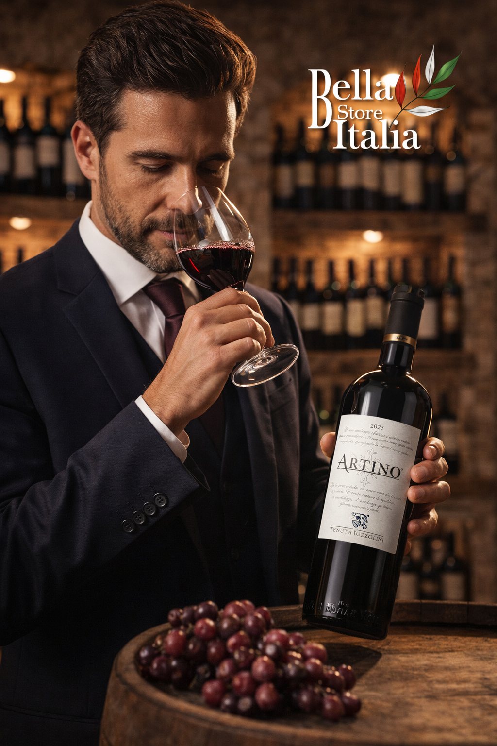 Artino Rotwein Tenuta Iuzzolini Verkostung in italienischer Weinkellerei mit Sommelier und frischen Trauben