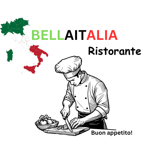 Logo des Bella Italia Ristorante, mit einer Karte Italiens in den Farben der italienischen Flagge und einem Koch, der Speisen zubereitet, begleitet vom Schriftzug 'Buon Appetito!