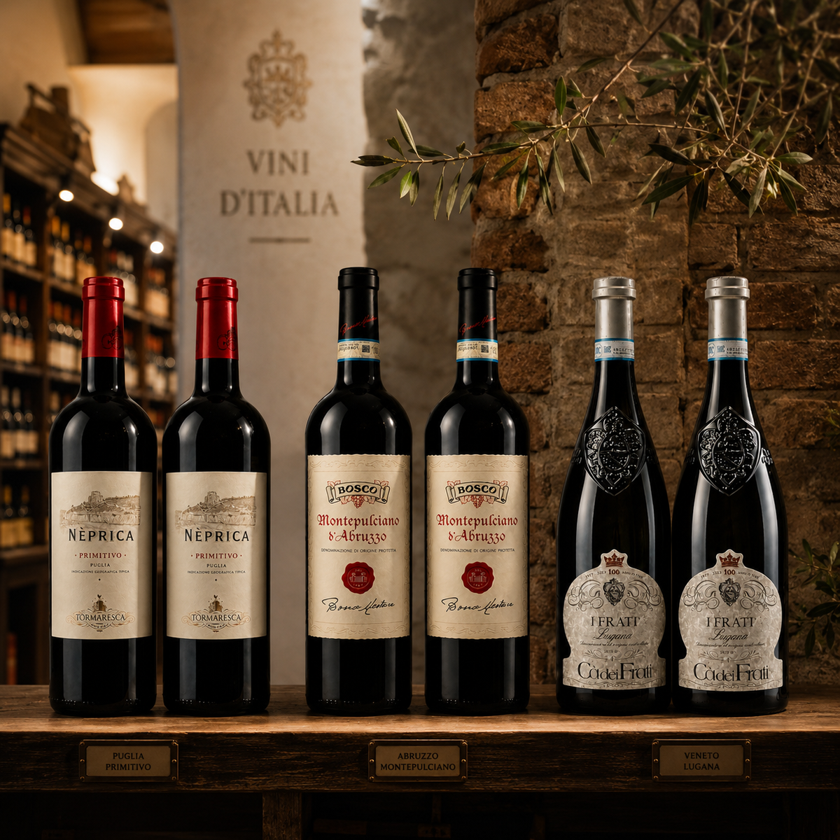 Exklusives italienisches Weinpaket in einer traditionellen Vinothek mit Primitivo, Montepulciano und Lugana