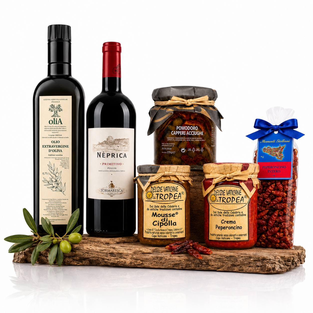 Das Essenza Paket - Italienische Gourmet Kollektion mit Olivenöl, Primitivo Wein, Pomodoro Capperi Acciughe, Tropea Zwiebelmousse, Peperoncino Creme und getrockneten Chilis