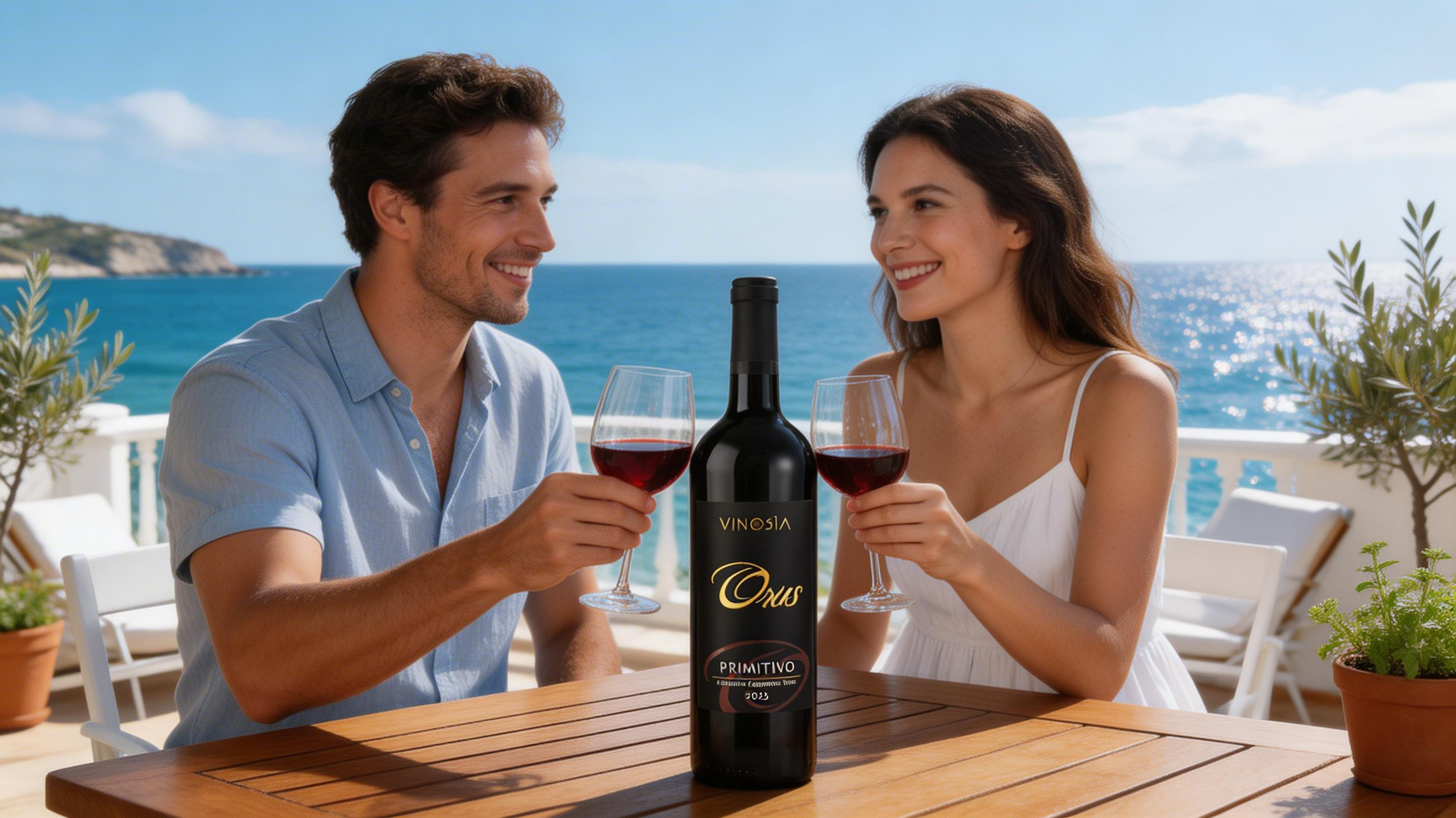 Paar genießt italienischen Primitivo Rotwein Vinosia Orus 2025 auf Terrasse am Meer mit Weingläsern und Flasche im Mittelpunkt